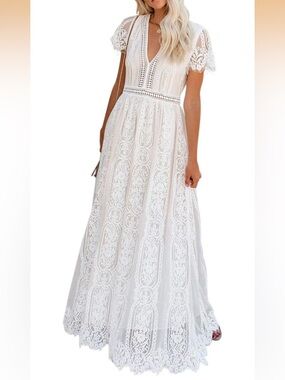 White Lace Maxi Dress Boho V Neck Short Sleeve Bridal Shower Beach Size L